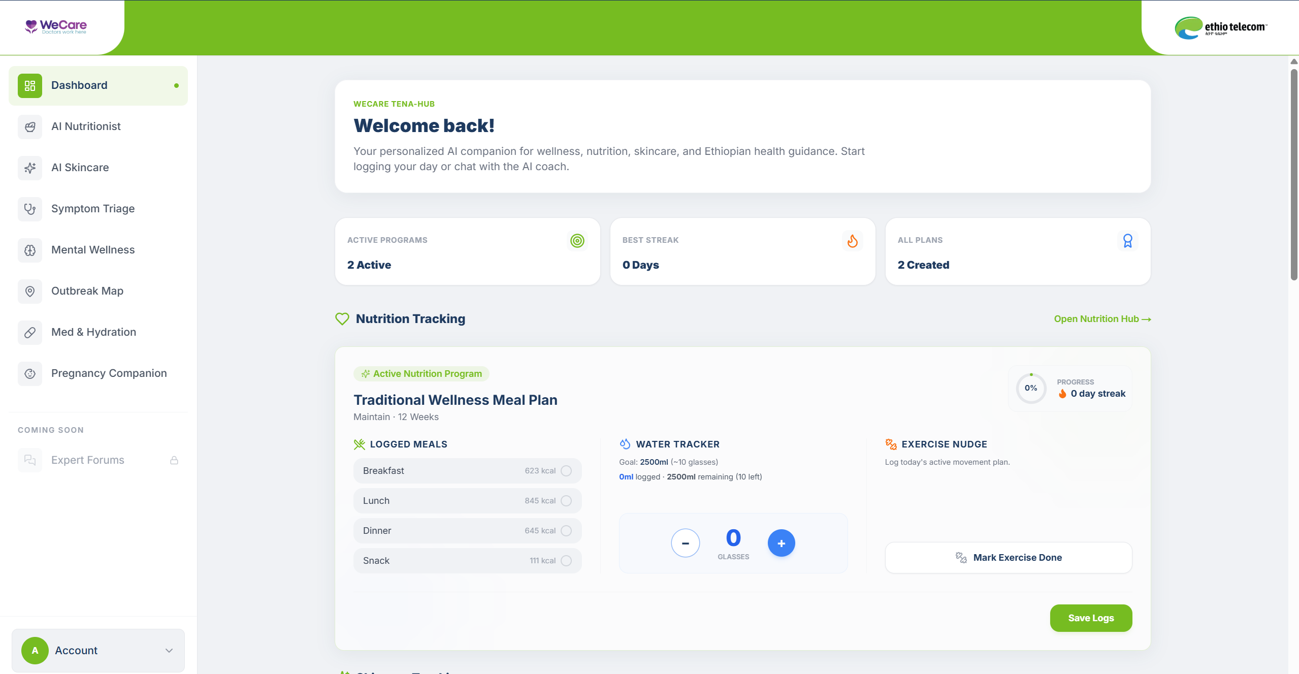 Tena-Hub main dashboard with health module cards